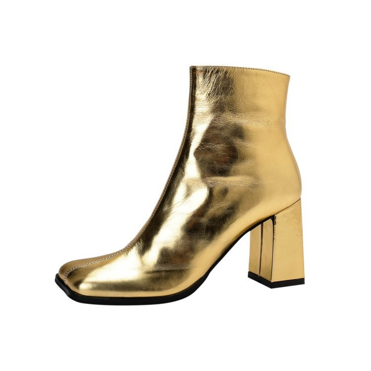 Genuine Leather Short Boots  Square Toe Thick High Heels