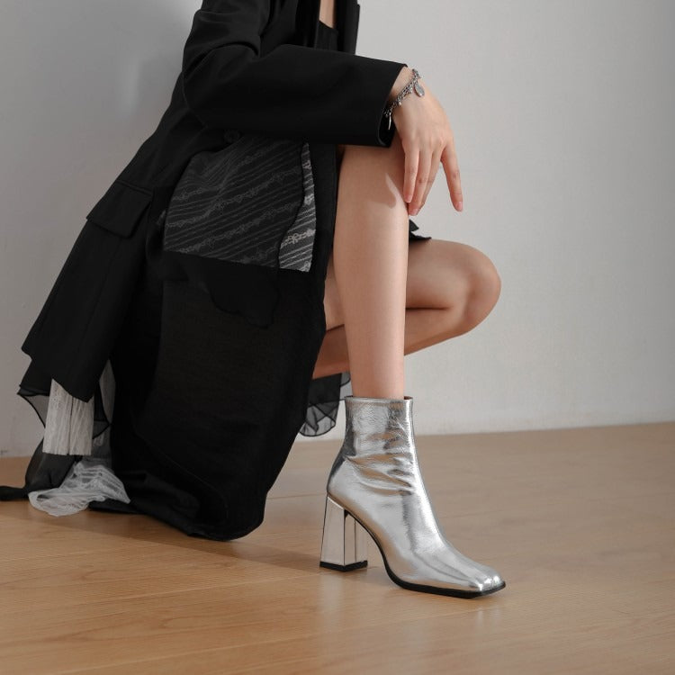 Genuine Leather Short Boots  Square Toe Thick High Heels