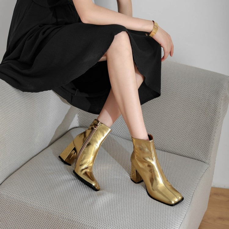 Genuine Leather Short Boots  Square Toe Thick High Heels